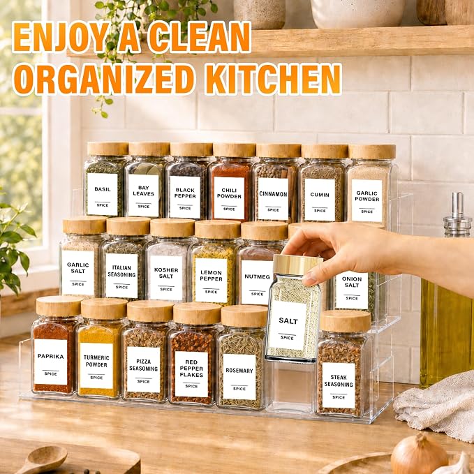 Glass Spice Jars with Label 24Pcs Spice Containers with Bamboo Lids 360 Labels 4oz Square Spice Bottles with Shaker Lids Funnel Brush Spice Organization for Cabinet Spice Rack Kitchen Storage