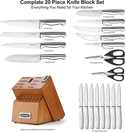 McCook® Kitchen Knife Sets,German Stainless Steel Knives Block Set with Built-in Sharpener, 20 Piece Chef Knife and More, Razor Sharp, Restaurant Grade, Anti-Rust, Elegant Box for Gift