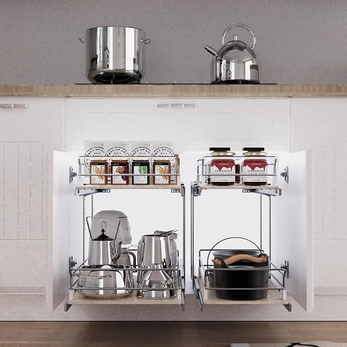 2 Tier Pull Out Cabinet Organizer 18" W X 22" D, Slide Out Drawers For Kitchen Cabinets, Pull Out Drawers For Cabinets Capacity Heavy Duty Caddy, Cabinet Pullout Shelves Wood Chrome, Pantry Storage