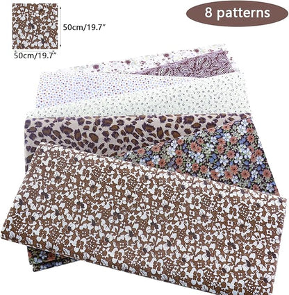 100% Cotton Fabric for Sewing - 8 Pre-Cut Squares (20"x20"), Floral DIY Patchwork Quilting Fabric (Brown White)