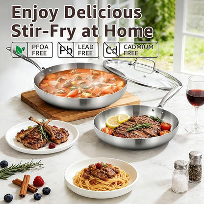 Inqibee 8.5-10 Inch Tri-Ply Stainless Steel Frying Pans with Lid, Small Sauté Pan Set, Skillets, Induction Cooking Pan, Pots and Pans Set Heavy Duty and Oven Safe