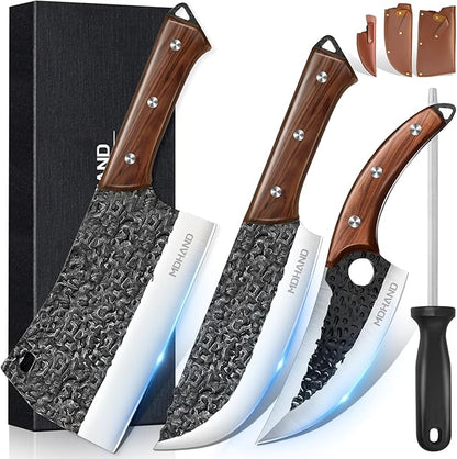 MDHAND Butcher Knife Set, 8PCS Hand Forged Butcher Chef Knife Set, High Carbon Steel Full Tang Kitchen Knives Set, Heavy Duty Meat Cleaver for Outdoor Camping BBQ, Gift for Men