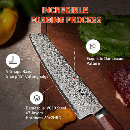 Kiritsuke Damascus Chef Knife 8 inch Kitchen VG-10 Damascus Super Steel 67-Layer Razor Sharp Kiritsuke Knife with Natural Wood Handle Exquisite Box for Home and Restaurant