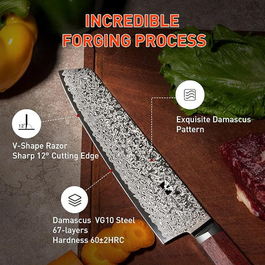 Kiritsuke Damascus Chef Knife 8 inch Kitchen VG-10 Damascus Super Steel 67-Layer Razor Sharp Kiritsuke Knife with Natural Wood Handle Exquisite Box for Home and Restaurant