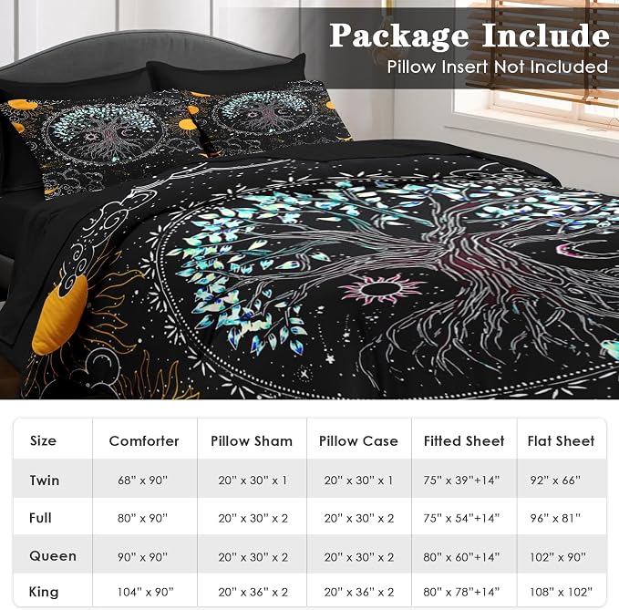 Pamnest Comforter Set King Size, Trippy Hippie Tree of Life 7 Pcs Bedding for Kids and Adults, Sun and Moon Bohemian Bed Sheet Sets with Fitted Sheet 2 Pillowcase & 2 Sham for Bedroom Bed Decor