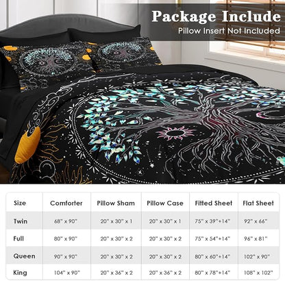 Pamnest Comforter Set Twin Size, Trippy Hippie Tree of Life 5 Pcs Bedding for Kids and Adults, Sun and Moon Bohemian Bed Sheet Sets with Fitted Sheet Pillowcase & Sham for Bedroom Bed Decor