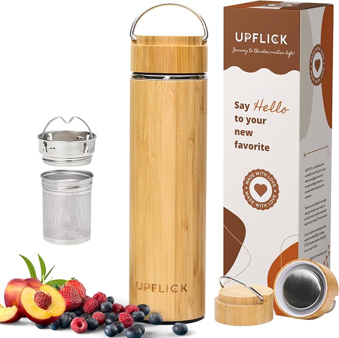 Bamboo Tea Tumbler with Infuser for Loose Tea 17 oz 25 unit Leak Proof, Double Wall, Wide Mouth, Vacuum Insulated, Ecofriendly Stainless Steal Insulated Bottle