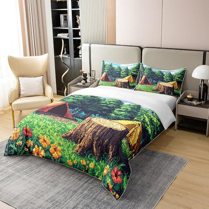 100% Nature Cotton Camper Tent Duvet Cover Queen Size 3 Pcs Pixel Style Camping Bedding Set Room Decor Gifts Video Games Comforter Cover,Comforter Not Included