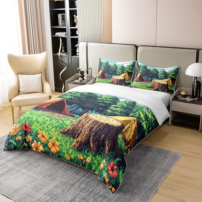 Camper Tent 100% Nature Cotton Duvet Cover Pixel Style Camping Comforter Cover Twin Size with 1 Pillowcase Video Games Aesthetic Luxury Bedding Set (No Filler)