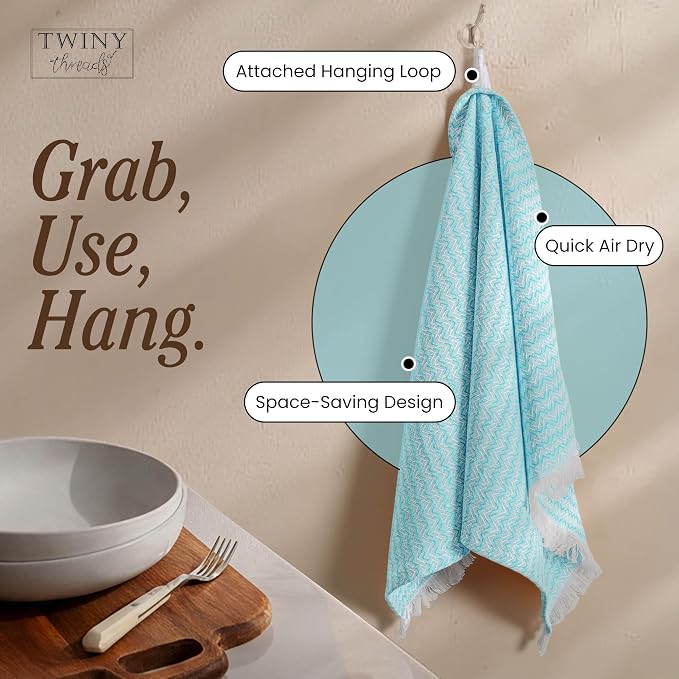 TWINY threads Dish Towel Chevron Weave, 4 Pack, Premium 100% Cotton Kitchen Linen Set, Large Dish Rags and Wash Rags, Absorbent Quick Drying, Machine Washable Dishcloth Set, 16"x26", Aqua Blue