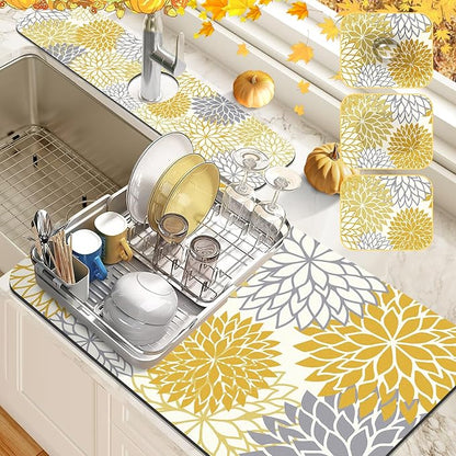 Findosom 2PCS 16" x 24" Fall Dish Drying Mat & 24" x 5.5" Sink Splash Guard, Super Absorbent & Cuttable Dish Mat Drying Kitchen Mat with Yellow Floral, Hide Stain Drying Mat for Kitchen Counter