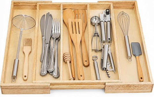 Utensils Organizer Rubberwood, Expandable Silverware Drawer Organizer with 5 Compartments, Wooden Kitchen Storage Tray Holder for Cutlery, Flatware & Utensils