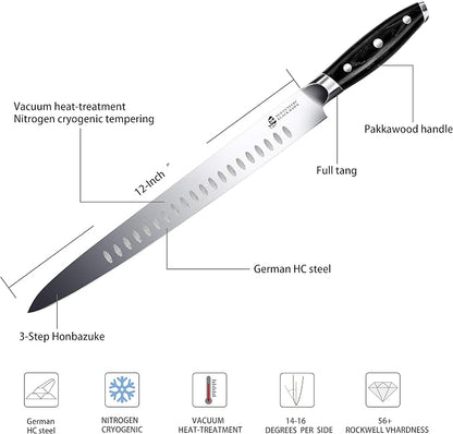 TUO Carving Knife - 12 Inch Brisket Slicing Knife for Grilled Meat and Bacon - High Carbon German Steel - Pakkawood Handle with Gift Box - BLACK HAWK SERIES