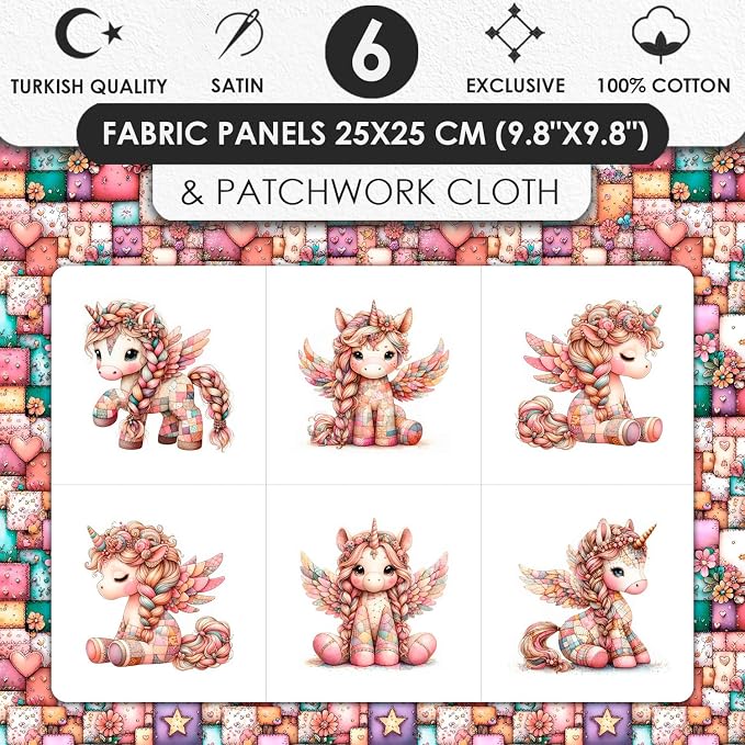 Unicorn Patchwork Cotton Fabric Panel – 6 Designs (10×10 inch Each) + Bonus Patchwork Sheet 29.5×19.6 inch, 100% Cotton 140 GSM