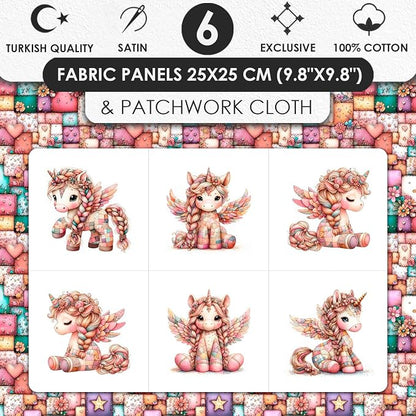 Unicorn Patchwork Cotton Fabric Panel – 6 Designs (10×10 inch Each) + Bonus Patchwork Sheet 29.5×19.6 inch, 100% Cotton 140 GSM
