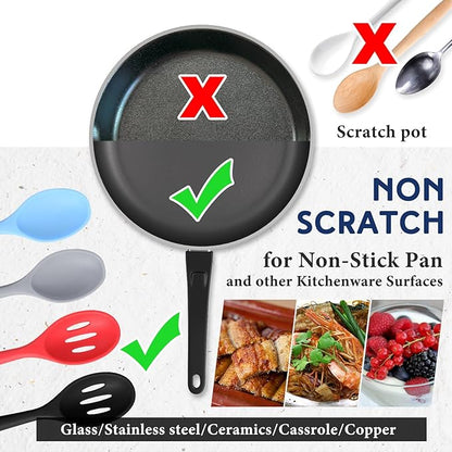 Boao 4 Pcs Silicone Spoons for Cooking 10.6 Inch Large Nonstick Serving Spoons Heat Resistant Slotted Spoon for Mixing & Stirring Kitchen Cooking Utensils, Dishwasher Safe(Mixed Colors)