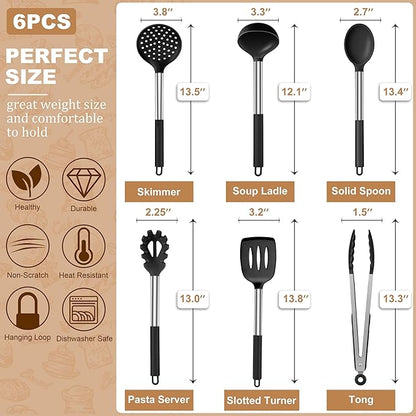 LIANYU Kitchen Utensils Set of 6, Silicone Cooking Utensils Set for Nonstick Cookware, Heat Resistant Kitchen Spatula Gadgets Tools, Stainless Steel Handle, Black