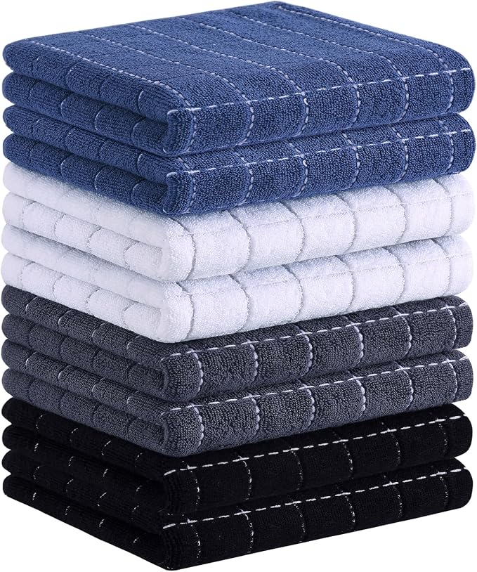 Homaxy 100% Cotton Terry Kitchen Towels(Multiple Color, 13 x 28 inches), Checkered Designed, Soft and Super Absorbent Dish Towels, 8 Pack