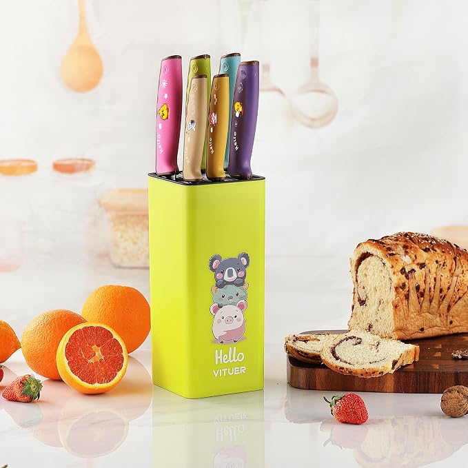 Knife Set, Vituer 7PCS Stainless Steel Kitchen Knife Block Set, Dishwasher Safe (Stylish Animal Characters)