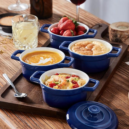 Lareina Mini Cocotte - 12oz Ceramic Casserole Dishes - Kitchen Casserole Sets With Handles And Lid - Small Baking Ramekins - Oven, Microwave & Dishwasher Safe - Set of 4 - Blue