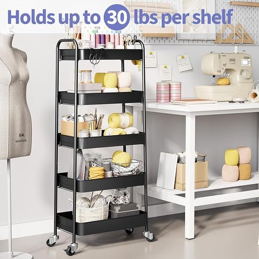 TOOLF 5-Tier Metal Rolling Cart with Wheels, Storage Utility Organizer Cart for Kitchen, Bathroom, Office, Baby Essentials & Makeup - Lockable Casters, Easy Assembly, Large Capacity, Black