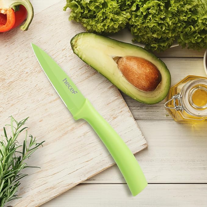 hecef Colorful Knife Set, 3 Pieces with Covers, Dishwasher Safe, Stainless Steel Colour Coded Non-Stick Cooking Knives Including Paring, Utility, Bread, Carving