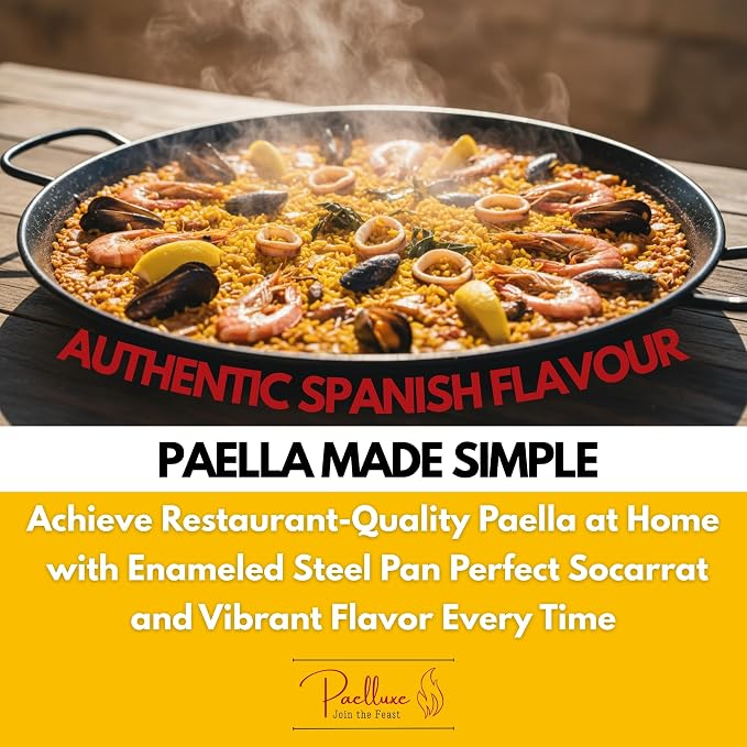 Paelluxe Paella Pan – Enamelled, No-Rust Steel Skillet for Propane & Gas Burners – Easy-to-Clean Pan for Indoor & Outdoor Cooking – Cacerola Paellera Sarten – 17 Inch, for 10 Servings