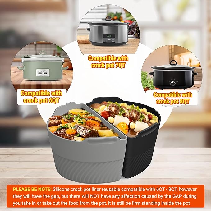 Silicone Slow Cooker Liners Compatible With Crock Pot 6-8 QT,Slow Cooker Divider Allows Cooking Two Different Meals At Once Time, Reusable Silicone Divider Insert, Dishwasher Safe, BPA Free.