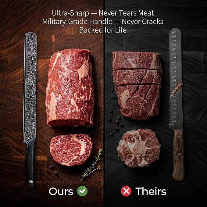FINTISO Brisket Knife 11.6 Inch, 67-Layer Damascus Steel Carving Knife for Meat, Razor Sharp Japanese Slicing Knives for BBQ Roasts, Turkey, Ergonomic Full Tang G10 Handle - Zeus Series