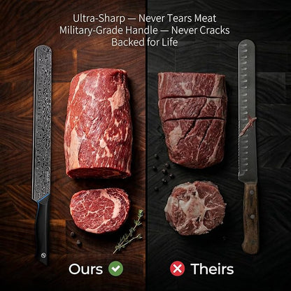 FINTISO Brisket Knife 11.6 Inch, 67-Layer Damascus Steel Carving Knife for Meat, Razor Sharp Japanese Slicing Knives for BBQ Roasts, Turkey, Ergonomic Full Tang G10 Handle - Zeus Series