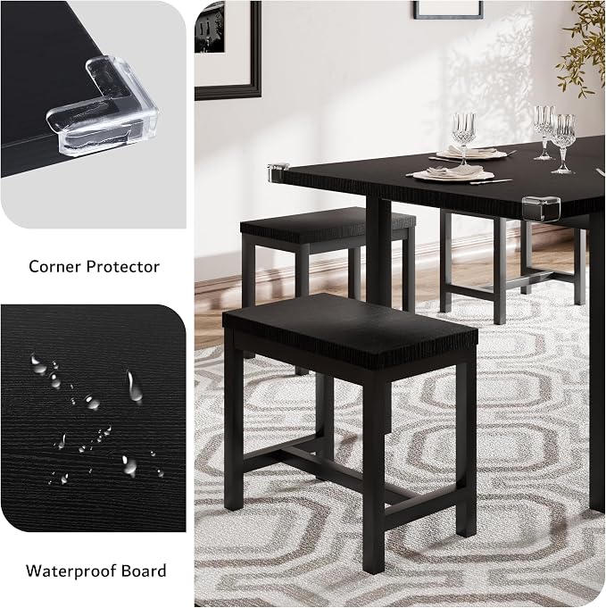 iPormis 7-Piece Extendable Dining Table Set with 6 Stools, 63" Kitchen Table Set for 4-8, Modern Dining Room Table with Sturdy Metal Frame, Space-Saving Dinette, Black