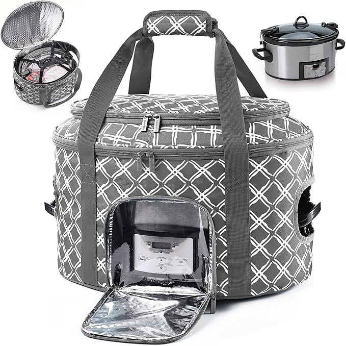 BAGSPRITE Double-layer Slow Cooker Carrying Case for Crock Pot 6-8 Quart, Insulated Crockpot Carrier with Adjustable Lid Straps,Portable Slow Cooker Travel Bag for Potluck, Parties, Family Gatherings