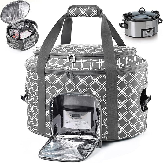 BAGSPRITE Double-layer Slow Cooker Carrying Case for Crock Pot 6-8 Quart, Insulated Crockpot Carrier with Adjustable Lid Straps,Portable Slow Cooker Travel Bag for Potluck, Parties, Family Gatherings