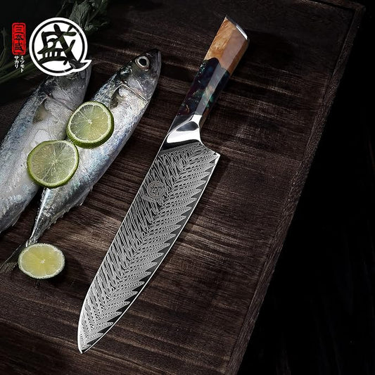 MITSUMOTO SAKARI 8.5-Inch Japanese Santoku Knife, VG-10 Damascus Steel | Wide Santoku blade for slicing, dicing and mincing, 67-layer VG-10 Damascus steel, maple wood handle, sandalwood box