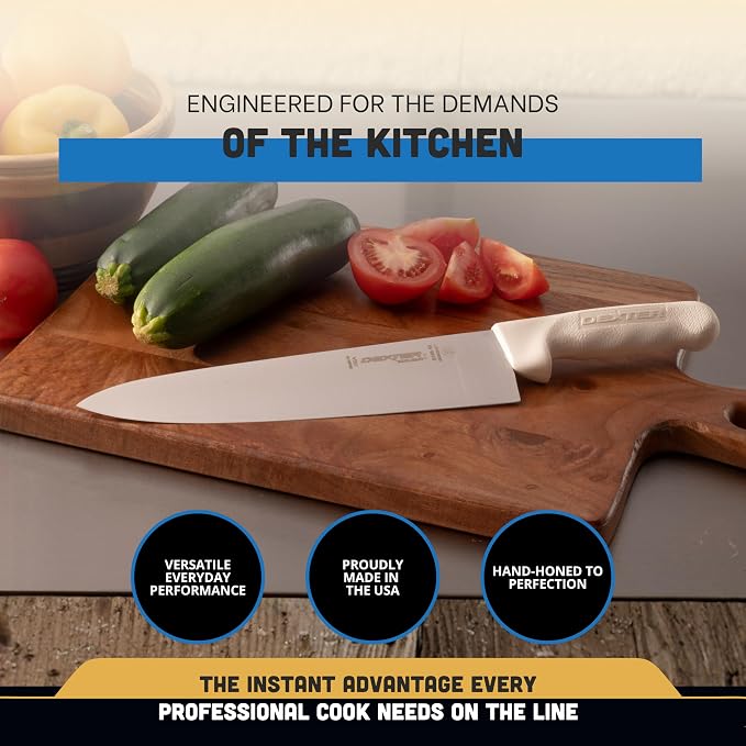 Dexter-Russell S145-10PCP 10-Inch Chef’s Knife, Sani-Safe Series Professional Kitchen Knife, High-Carbon Stainless Steel DEXSTEEL Blade, Textured White Polypropylene Handle, Heavy-Duty Chef Knife