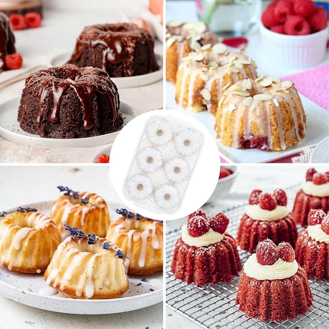 FUNBAKY 3 Inch Mini Fluted Tube Cake Pans for Baking with Metal Reinforced Frame, 2Pcs Silicone 6-Cavity Mini Flan Molds, Nonstick Baking Mold for Cupcake, Brownie, Donuts, Cornbread, Jello