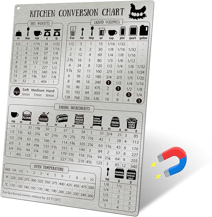 Kitchen Conversion Chart Magnet for Refrigerator, Stainless Steel Baking Ingredients Measurements for Baker, Vintage Kitchen Accessories Gadgets