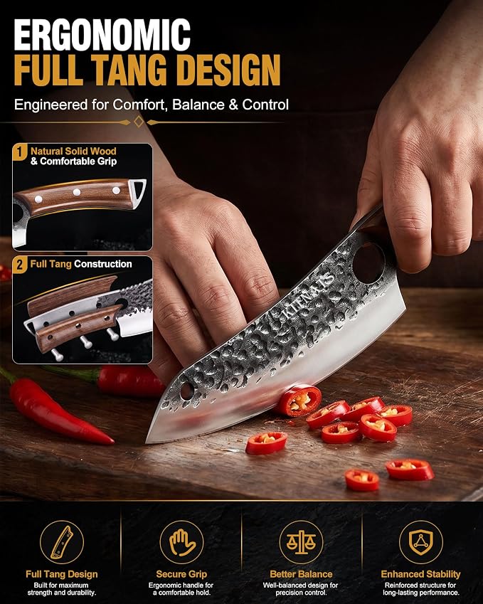 KITNATS Butcher Knife Set, 4PCS Hand Forged Kitchen Knives, Heavy Duty Meat Cleaver, Serbian Chef, Boning & BBQ Knife with Ergonomic Handle for Meat Cutting, Gift for Men Women