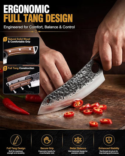 KITNATS Butcher Knife Set, 4PCS Hand Forged Kitchen Knives, Heavy Duty Meat Cleaver, Serbian Chef, Boning & BBQ Knife with Ergonomic Handle for Meat Cutting, Gift for Men Women