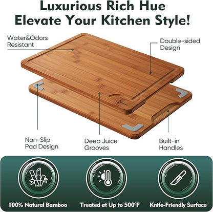 Wood Cutting Board Carbonized Bamboo Set With Smooth Surface Set 4 Packs with Non Slip Feet Holder and Over Sink Solid Thick Durable Wood Charcuterie Cheese Serving Tray Kitchen Gadgets (Carbonized)