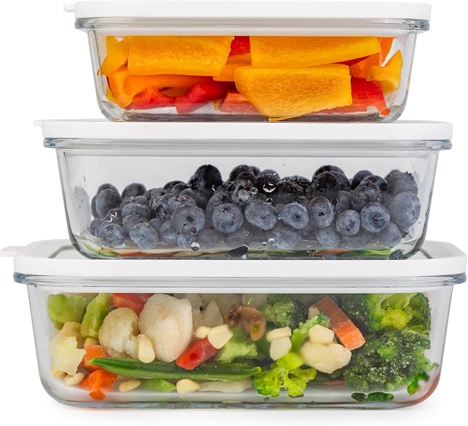 Sio GLASS storage containers with GLASS lids, NO PLASTIC, Set of 3, Airtight Small Medium Large for Food Meal Prep, Silcone Bowl Container (White)