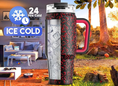 Meoky 32 oz Tumbler with Handle, Insulated Tumbler with Lid and Straw, Stainless Steel Travel Mug, Keeps Cold for 24 Hours, 100% Leak Proof, Fits in Car Cup Holder (Heart)