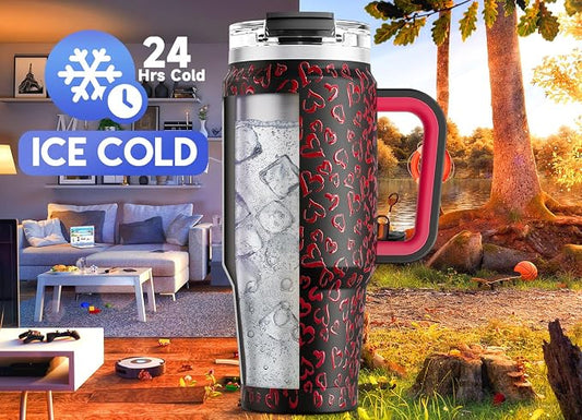 Meoky 32 oz Tumbler with Handle, Insulated Tumbler with Lid and Straw, Stainless Steel Travel Mug, Keeps Cold for 24 Hours, 100% Leak Proof, Fits in Car Cup Holder (Heart)