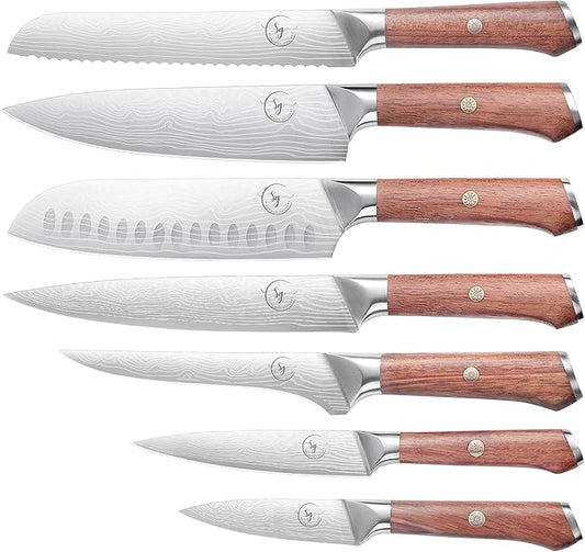 7 pcs German Knife, High Carbon Stainless Steel Knife Set with Pakka Wood Handle, Built-in Sharpener, Chef Knife (7 PCS KNIFE SET)