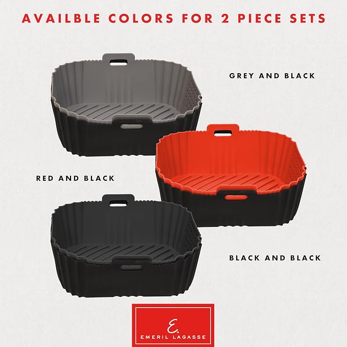 Reusable Silicone Air Fryer Liners for Emeril Lagasse Air Fryer Oven – Non-Stick Reusable Air Fryer Basket Liners – Dishwasher Safe – 9 x 7 x 3 Inch – 2 Pack – Black/Red