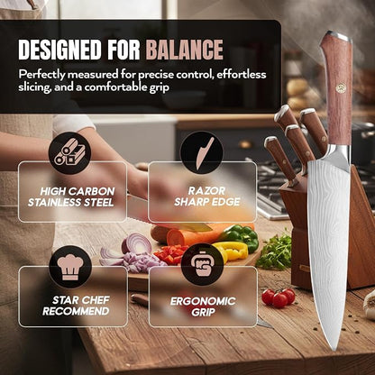 7 pcs German Knife, High Carbon Stainless Steel Knife Set with Pakka Wood Handle, Built-in Sharpener, Chef Knife (7 PCS KNIFE SET)