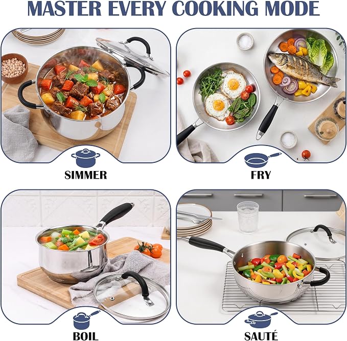 E-far Stainless Steel Cookware Set - Induction Tri-Ply Base Pots and Pans, 10-Piece Non-Toxic Kitchen Cooking Set w/Stay-Cool Handle, Frying Pans, Saucepans, Stockpot with lid, Oven & Dishwasher Safe