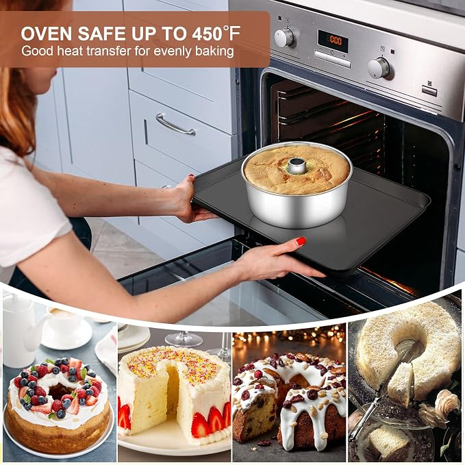 P&P CHEF Angel Food Cake Pan, 10 Inch Cake Pan Round Baking Tube Tin for Baking Pound Cakes, Conical Hollow & One-piece Design, Stainless Steel Core & Heavy-duty, Oven Safe - Silver