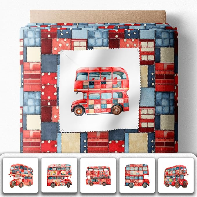 Patchwork Double-Decker Bus Cotton Fabric Panel – 6 Designs (10×10 inch Each) + Bonus Sheet 29.5×19.6 inch, 100% Cotton 140 GSM, Made in Türkiye