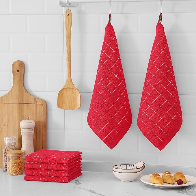Mordimy 100% Cotton Terrycloth Kitchen Towels and Dishcloths Sets, Soft and Absorbent Checkered Dish Towels, Quick Drying Dish Rags for Washing Dishes, 4 Pack 16" x 26" & 4 Pack 12" x 12", Red
